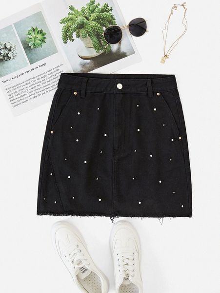 

rhinestone and pearls detail raw hem skirt i0dn#, Black