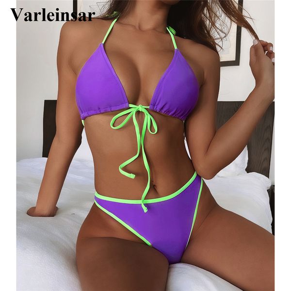 

new halter mid waist bikini women swimwear female swimsuit two-pieces bikini set splicing bather bathing suit swim v3140, White;black