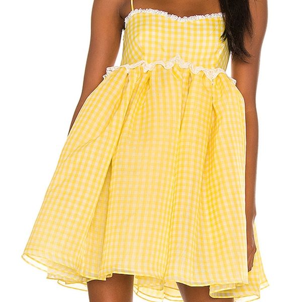 2022 Principessa Giallo A Quadri Plaid Stampa Abito di Sfera Sling Organza Vestito Delle Donne Impiombato Del Merletto Altalena Mini Fata Robe Abiti 220511