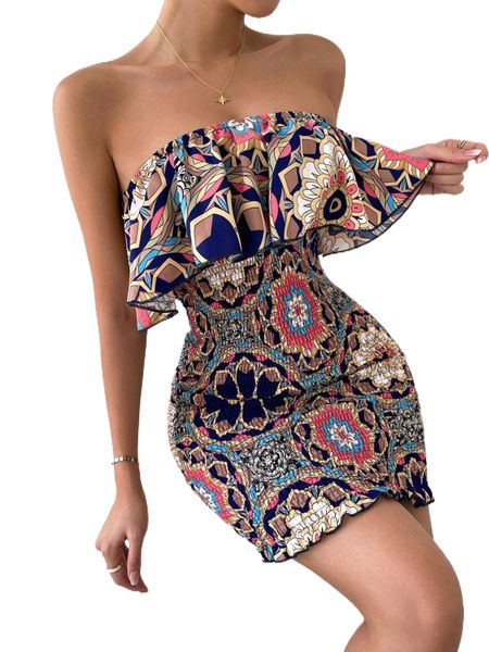 

mandala print ruffle trim shirred bodycon tube dress x0r5#, Black;gray