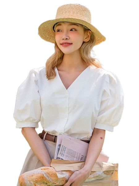 

dazy puff sleeve button front blouse 304e#, White