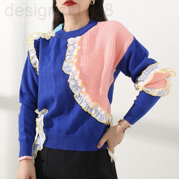 

women's knits & tees designer []french irregular design color matching round neck sweater early autumn new loose thin women 9tgb, White