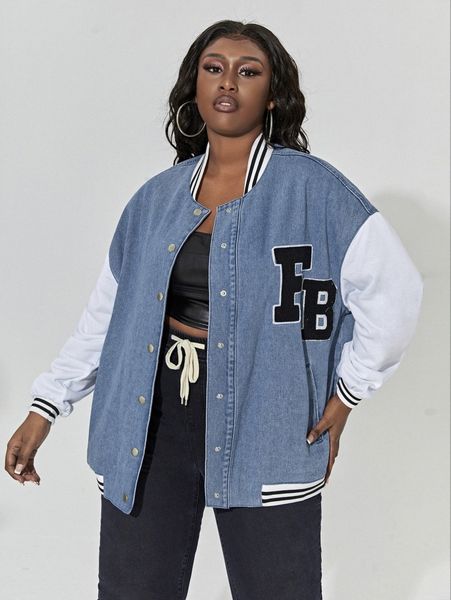 

plus striped trim letter patched bomber jacket s2ox#, Black;brown