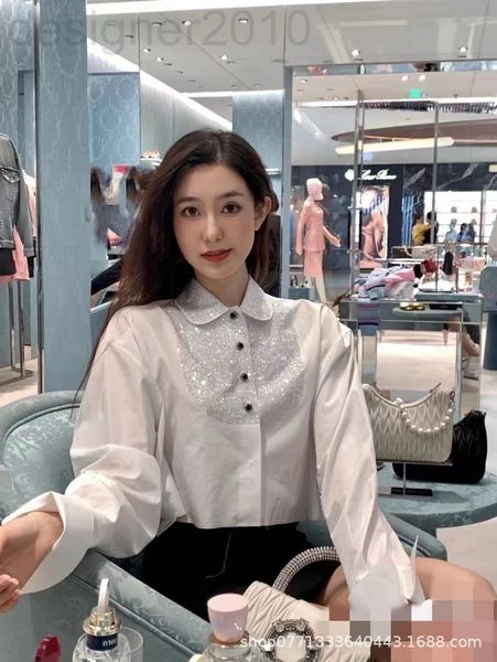 

women's polos designer chaopai 22 early spring new diamond crystal lapel long sleeve shirt female white short style temperament versati
