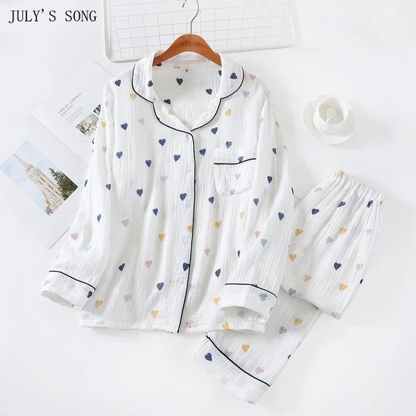 JULY'S SONG 2 Stück Frau Pyjamas Baumwolle Set Herbst Winter Freizeit Nachtwäsche Herz Druck Langarm Homewear W220328