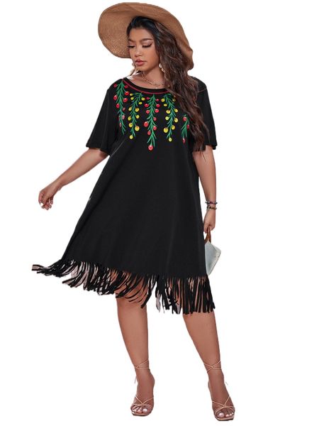 

plus plant print fringe hem tee dress t1r1#, Black