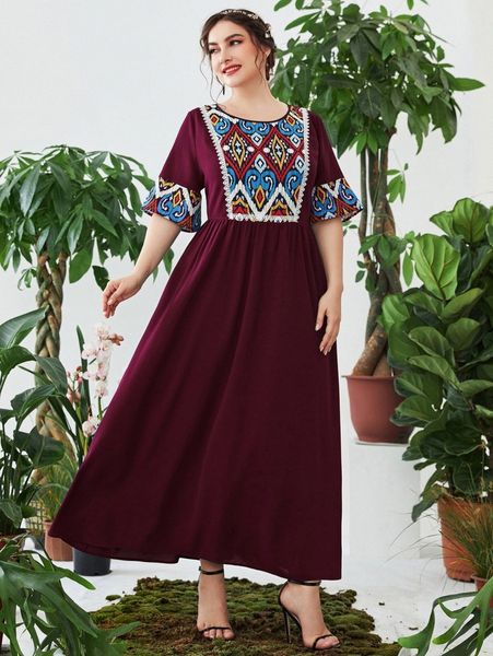 

plus geo print contrast guipure lace flounce sleeve dress l9qc#, Black