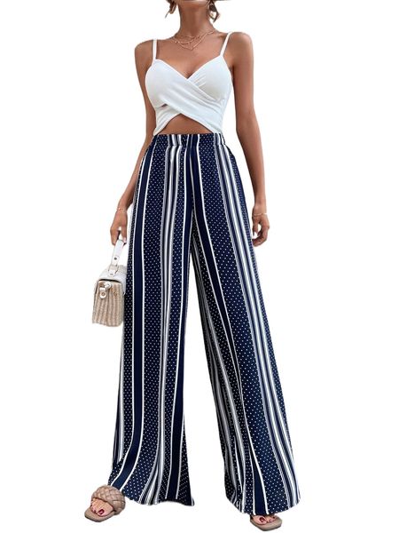 

striped & dot print wide leg pants 79uc#, Black;white
