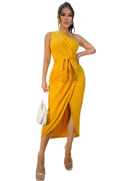 

one shoulder tulip hem belted dress 48nm#, Black;gray