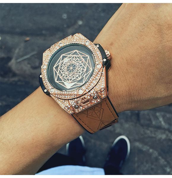 

hip hop diamond watch men sport unique mens watches brand luxury rose gold military clock relogio masculino zegarek meski, Slivery;brown