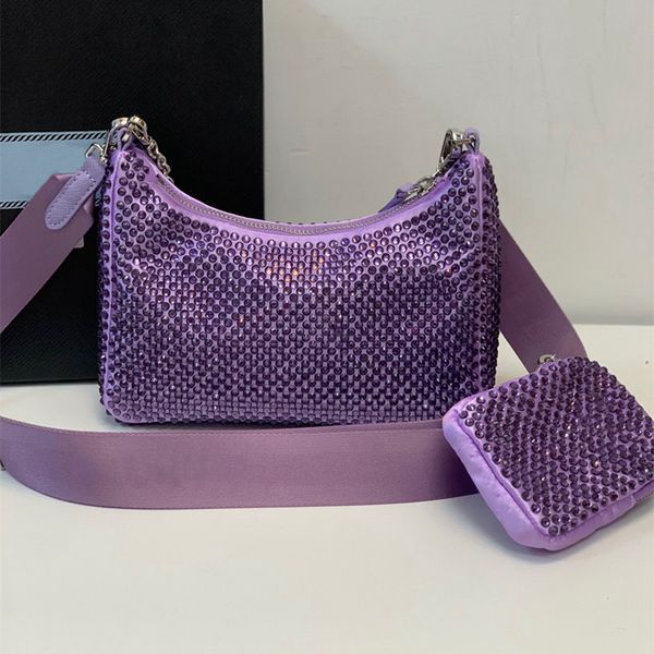 Designers de luxo Mulheres sacolas de acetos reedição de cetim Bolsa de ombro embelezada de cetim Nyffiano Leather Bling Bling Crossbody Hobo