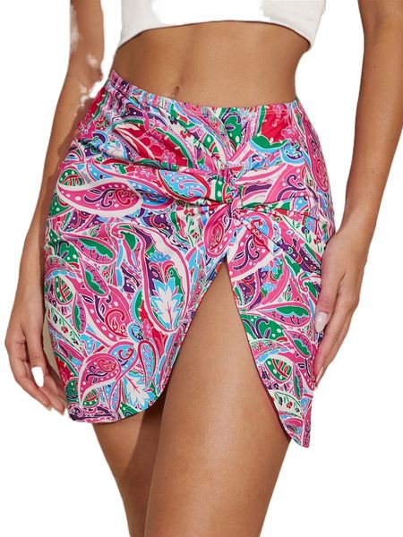 

allover paisley print split hem skirt t6j5#, Black