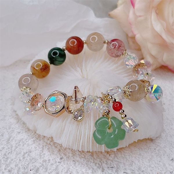 

ethnic natural green jade flower waterdrop pendant multicolor rutilated quartz crystal beaded bracelet women fine jewelry ybr572 220713, Black