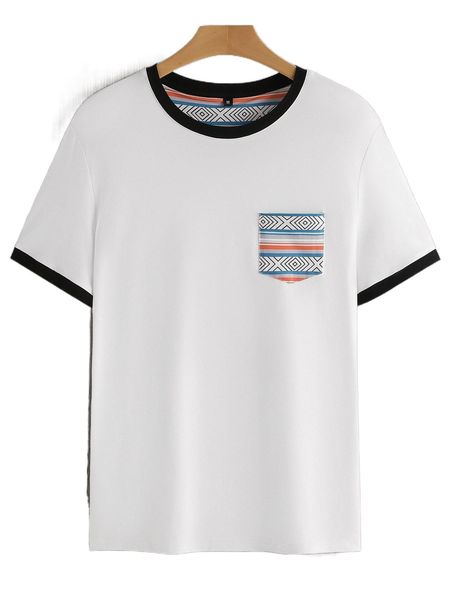 

men random geo print patched pocket contrast binding tee j8pr#, White;black