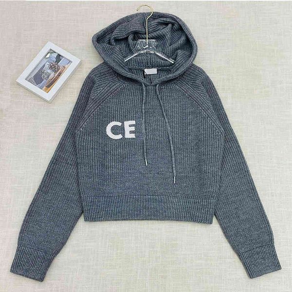 

women's knits & tees big c family chest embroidery letters round neck grey simple long sleeve loose short hooded knitted sweater, White