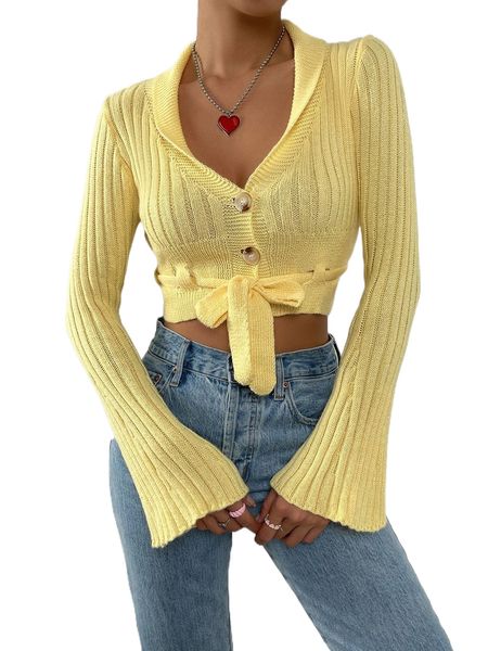 

drawstring waist flounce sleeve crop cardigan n051#, White;black