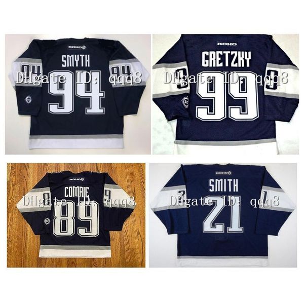 

jay 2001-2002 retro koho hockey jersey 94 ryan smyth oilers 97 connor mcdavid 99 wayne gretzky 89 mike comrie 21 jason smith dark blue custo, Black