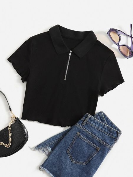 

zipper half placket lettuce trim tee n4bf#, White