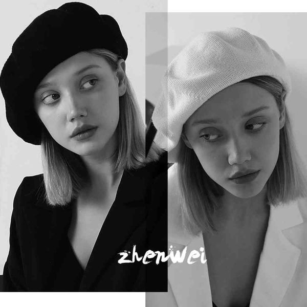 

small face ~ loose large head circumference beret female summer thin breathable black and white hat painter hat octagonal hat, Blue;gray