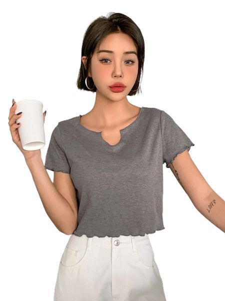 

dazy lettuce trim notched neckline tee p88v#, White