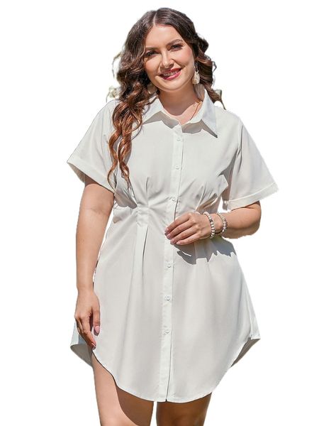 

plus plicated detail button front shirt dress b8dm#, Black