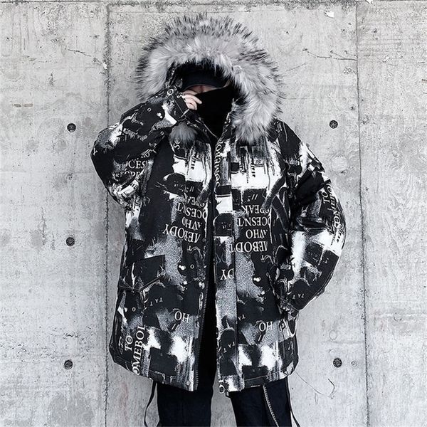 

hybskr men's vintage casual oversize parkas graphic printed woman parka hooded warm thicken zipper fashion man 2020 jackets lj201030, Black;brown
