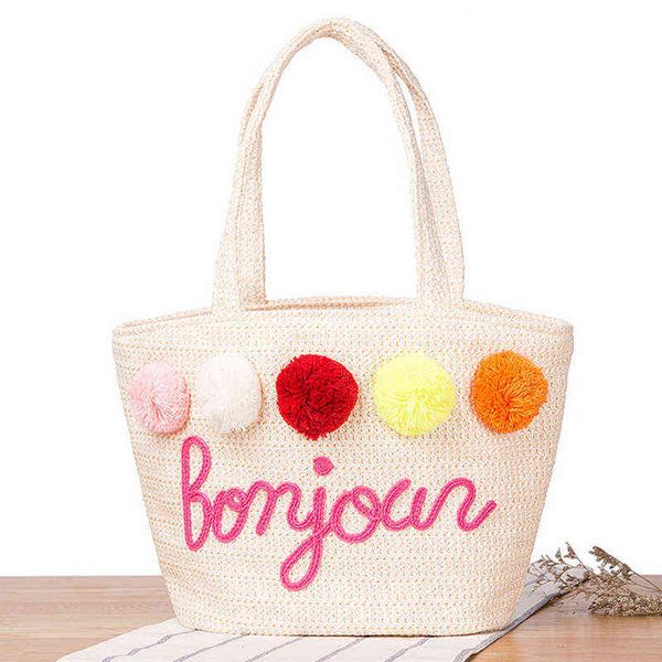 

shopping bags bolso de mano con diseÃ±o letras y bola pompÃ³n para mujer, bolsa hombro estilo bohemio, ideal playa, fiesta, mercado, compras,