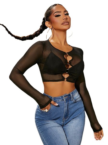 

sxy sheer mesh o-ring cut out crop without bra z0it#, White