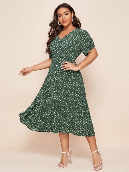 

plus ditsy floral button front chiffon a-line dress a73i#, Black