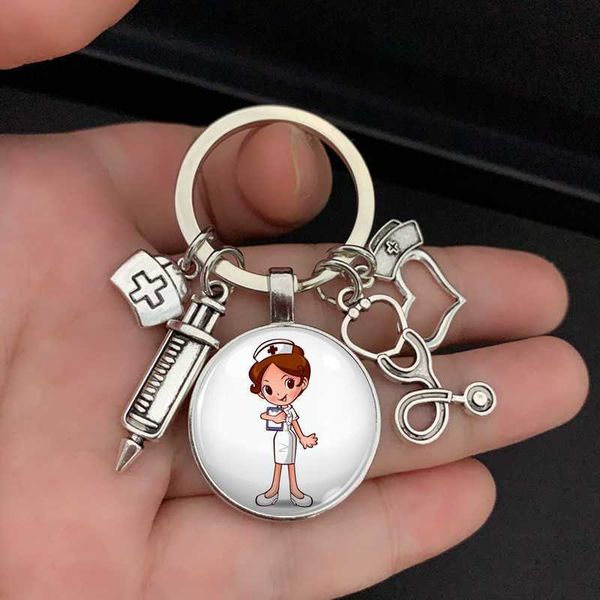 

keychains new/1 piece nurse medical syringe stethoscope image keychain glass cabochon and dome key ring pendant gift., Silver