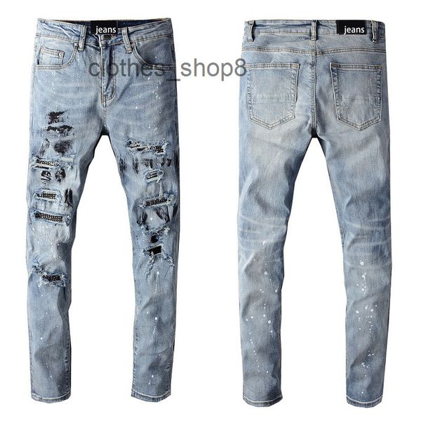 

designer mens jeans pants trend a miryy high street tide brand splash ink graffiti with drill hole patch jeans slim fit feet 626epyb, Blue