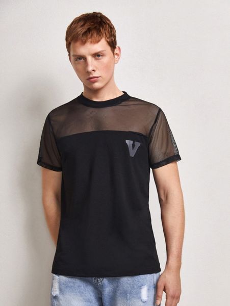 

men letter graphic contrast fishnet tee y1mb#, White;black