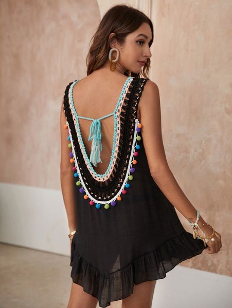 

ruffle hem fringe crochet cover up v26f#, White;black