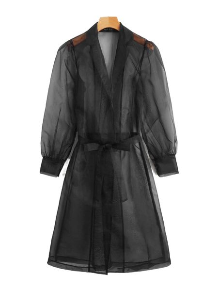 

lapel neck puff sleeve belted organza coat 76fy#, Black