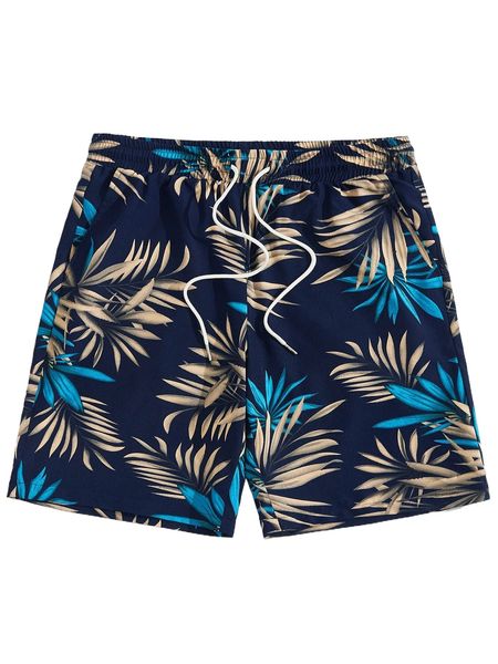 

men tropical print drawstring waist shorts 14j2#, White;black