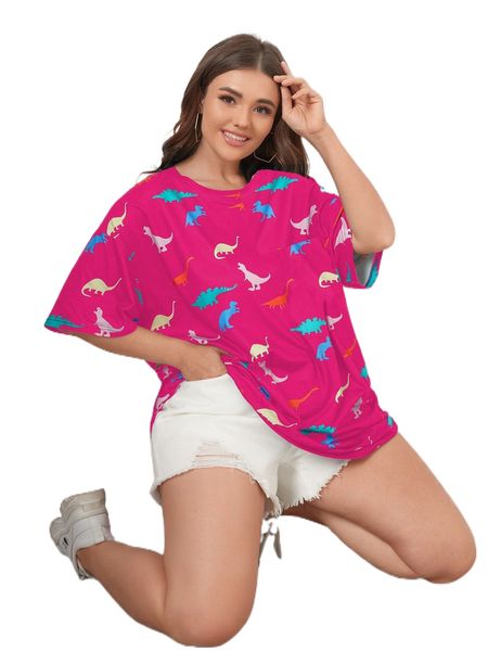 

plus cartoon dinosaur print drop shoulder longline tee g1tu#, Black