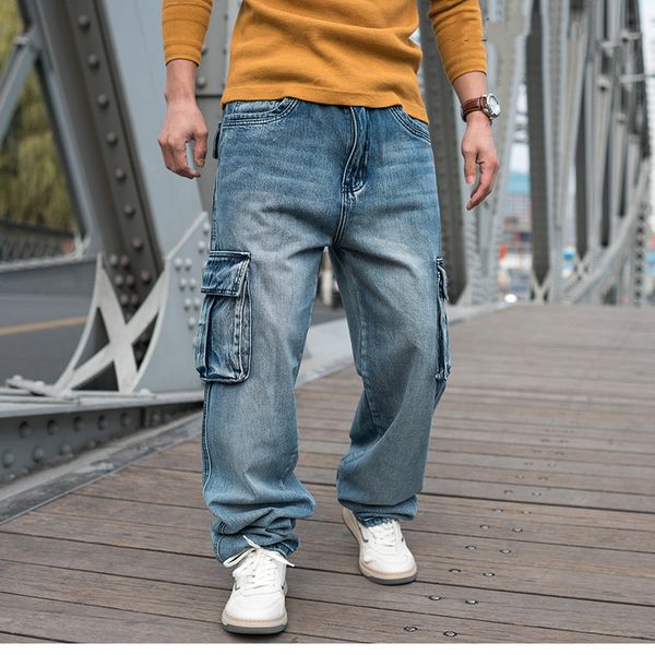 Mode Flut Hosen Hip Hop Übergroße Weite Bein Jeans Männer Lose Skate Denim Hosen Baggy Taschen Plus Größe Hellblau männlichen Kleidung Böden