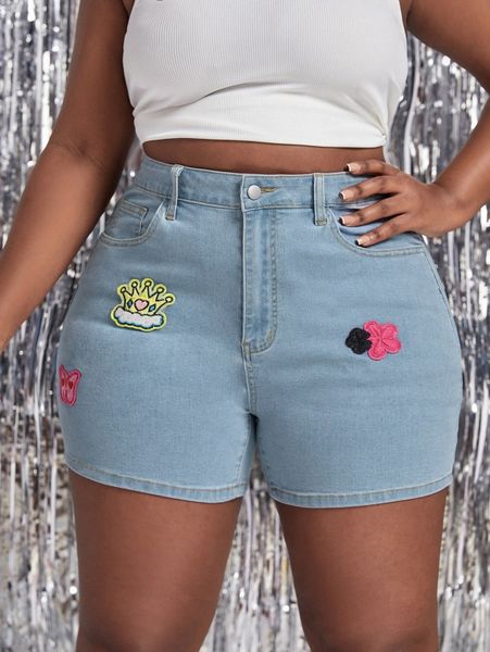 

plus floral & heart patched denim shorts a4kn#, White;black