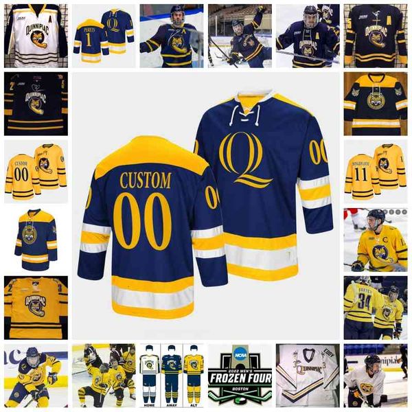 

xflsp 2022 college frozen four custom qu quinnipiac bobcats hockey jersey 1 yaniv perets 25 brogan rafferty 20 matthew peca 33 eric hartzell, Black
