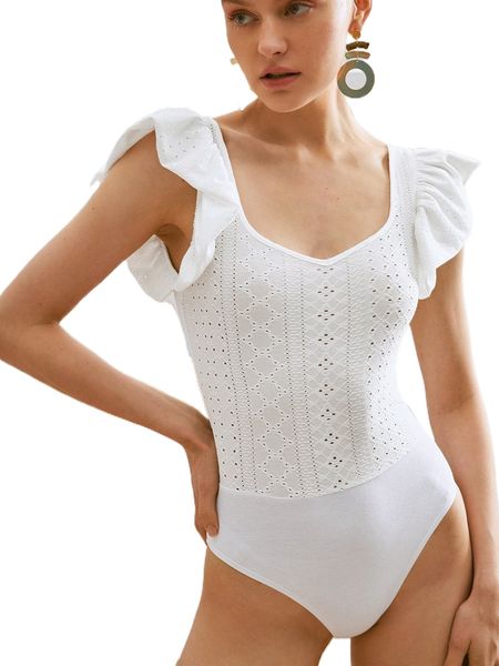 

sweetheart neck butterfly sleeve hollow out bodysuit j1uv#, White