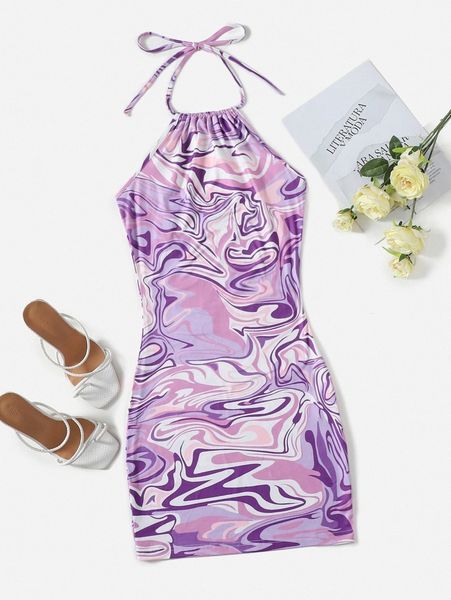 

marble print ruched halter dress 408t#, Black;gray