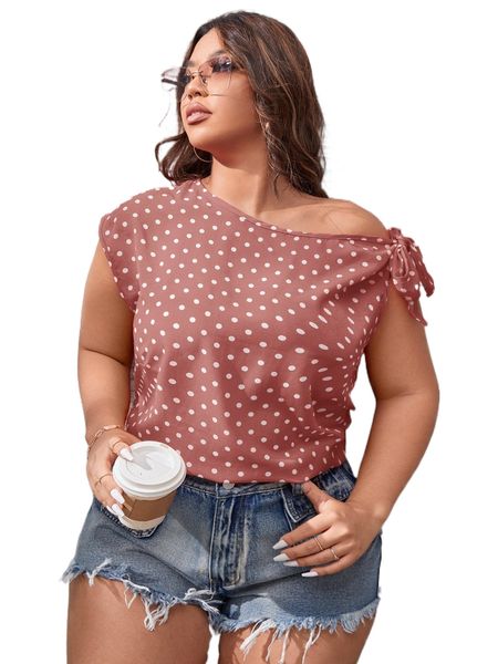 

plus polka dot knot side asymmetrical neck blouse b0wr#, Black