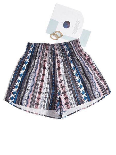 

plus geo print shirred waist shorts 09vw#, Black