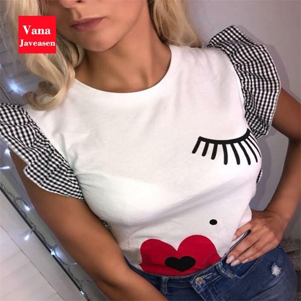 Vana Javasen Frauen Rüschen Mode T -Shirt Wimpern rote Lippen Druck Tees O Hals Schmetterling Ärmel