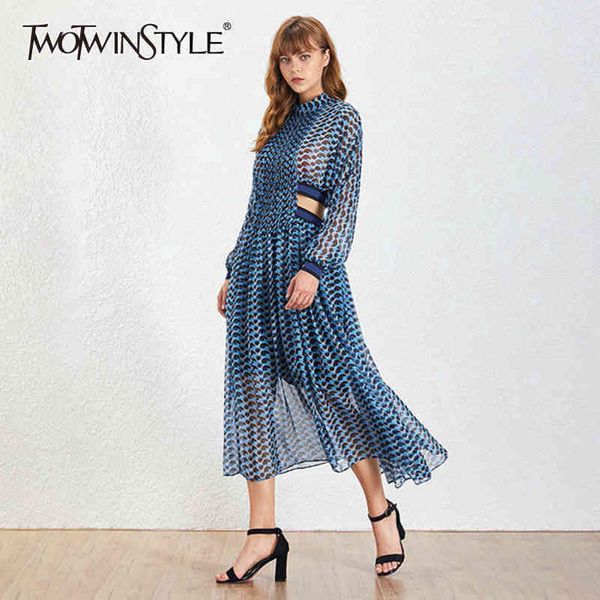 

vintage hollow out dress for female stand collar long sleeve high waist print elegant dresses women spring 210423, Black;gray