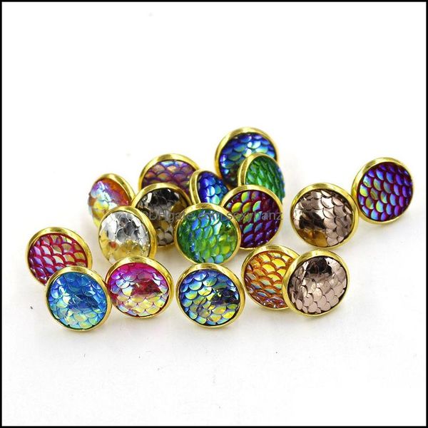 

stud earrings jewelry fashion drusy druzy gold plated 12mm round resin mermaid fish/dragon scale for women lady drop delivery 2021 aneeu, Golden;silver