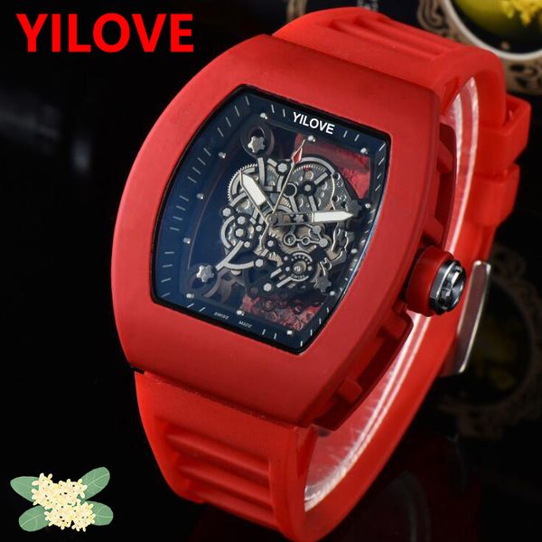 

men's automatic quartz movement brand watch 43mm rubber strap business sports clock imported crystal mirror battery hollow skeleton wri, Slivery;brown