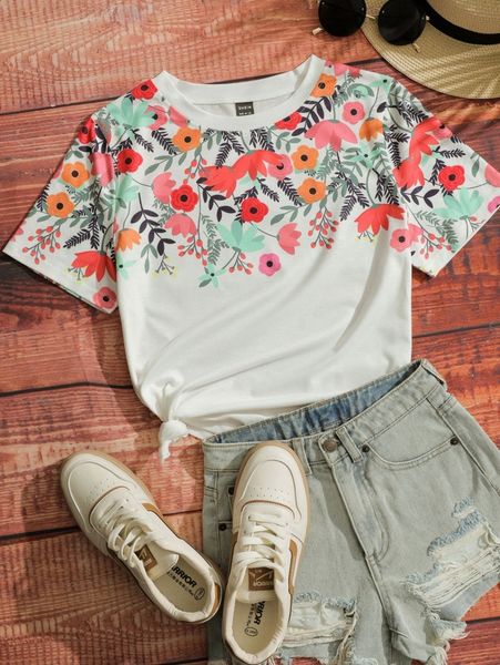 

drop shoulder floral print tee k0r8#, White