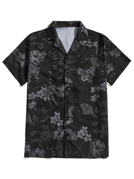 

men floral print lapel collar shirt g38v#, White;black
