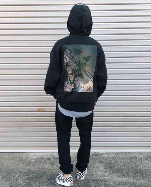 

new design brand men's fashion fog flower star sky terry hoodie american loose pullover thin coat couple suit, Black